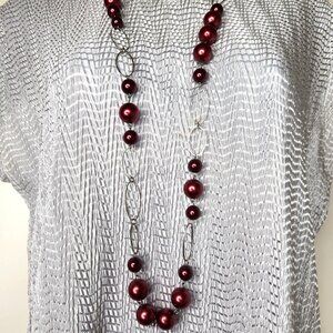 Burgundy Pearl Beaded Statement Necklace Silver Oval Links 22” Long or Short